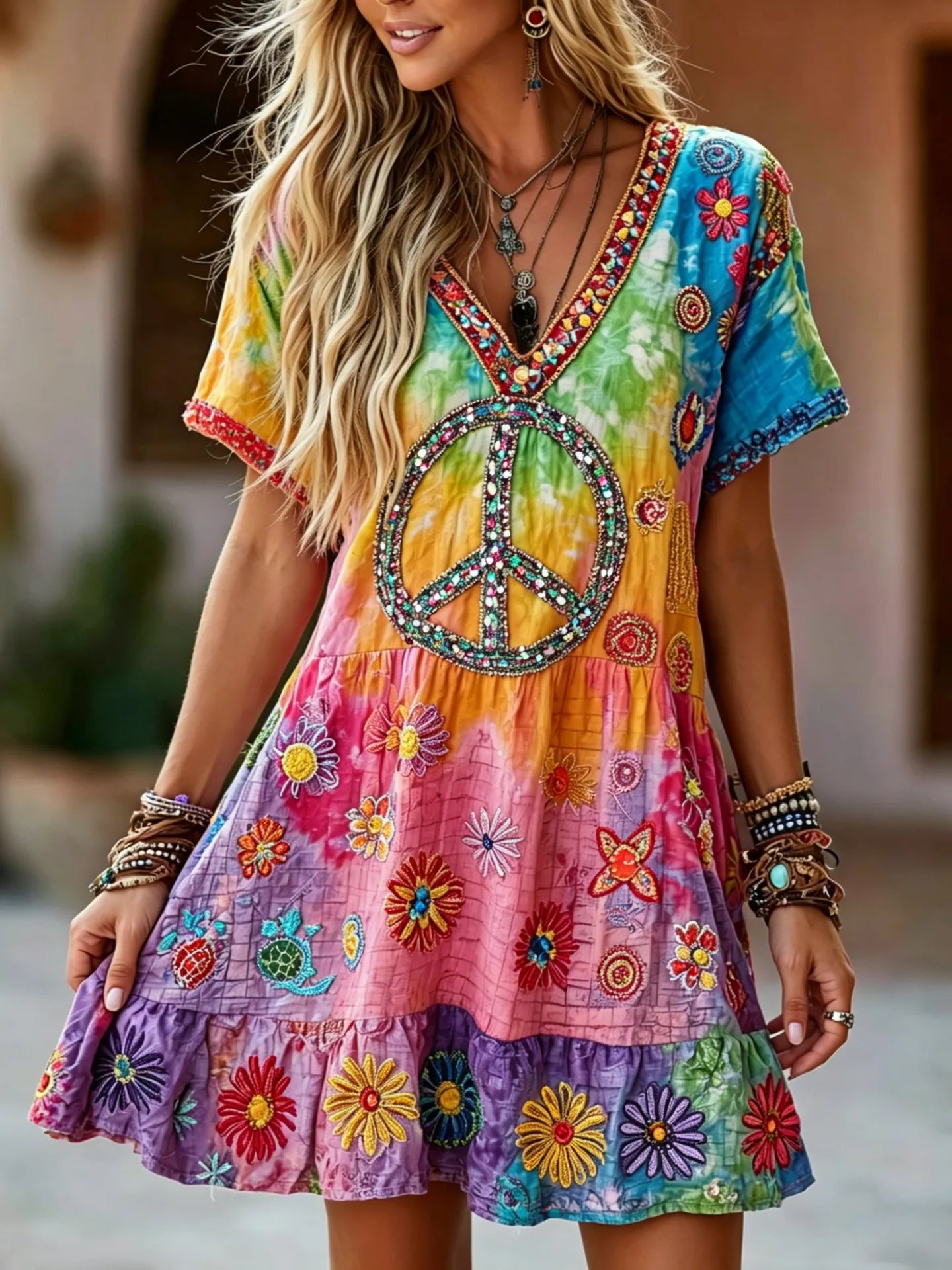 Cardydony Women's Retro Hippie Floral Art V Neck Short Sleeve Linen Blend Midi Dress