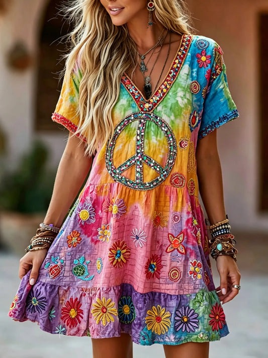 Cardydony Women's Retro Hippie Floral Art V Neck Short Sleeve Linen Blend Midi Dress