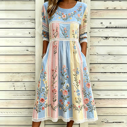 Cardydony Vintage Floral Vine 3d Art Embroidery Spliced Cotton Linen Distressed Round Neck Mid-sleeve Dress