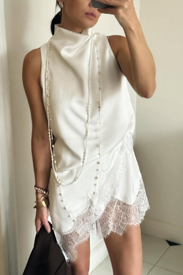 Cardydony Women's Solid Color Satin Spliced lace Sleeveless Irregular Casual Top