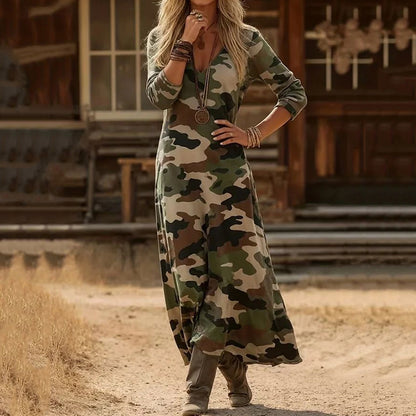 Cardydony Women's Casual Camouflage Art V-neck Color-block Printed Long-sleeved Dress