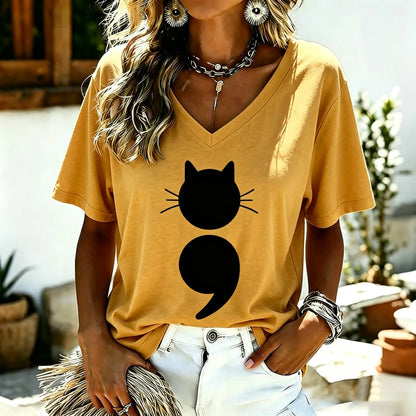 Cardydony Women's Survivor Cat Semicolon Mental Health Graphic Print Short Sleeve T-shirt