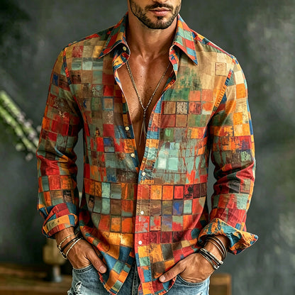 Cardydony Men's Hippie Color Block Art Patchwork Print Casual Long Sleeve Linen Shirt