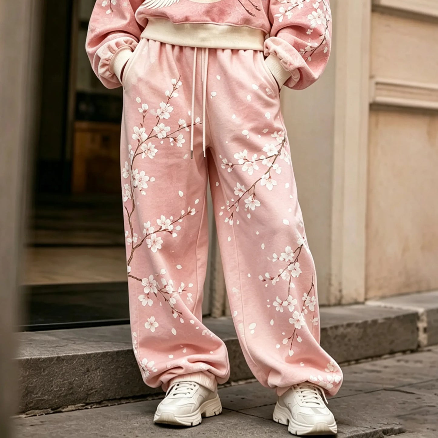 Cardydony Women's Japanese Cherry Blossom And Crane Art Print Hoodie Two Piece Set