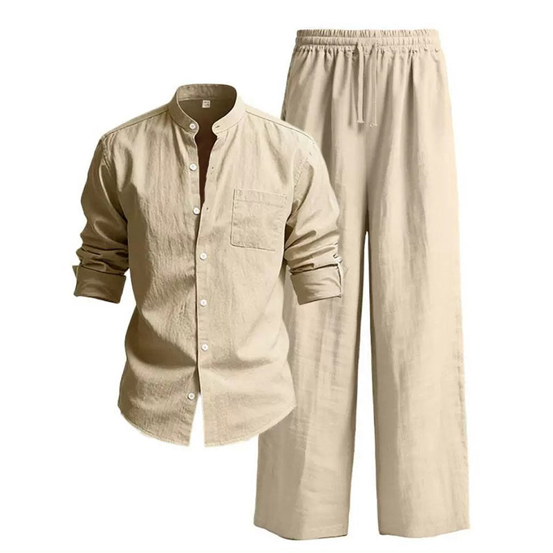 Cardydony Men's Leisure Solid Color Cotton Linen Pocket Shirt And Pants Two Piece Set
