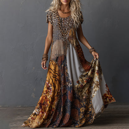 Cardydony Retro Leopard And Animal Patchwork Art Loose Maxi Dress