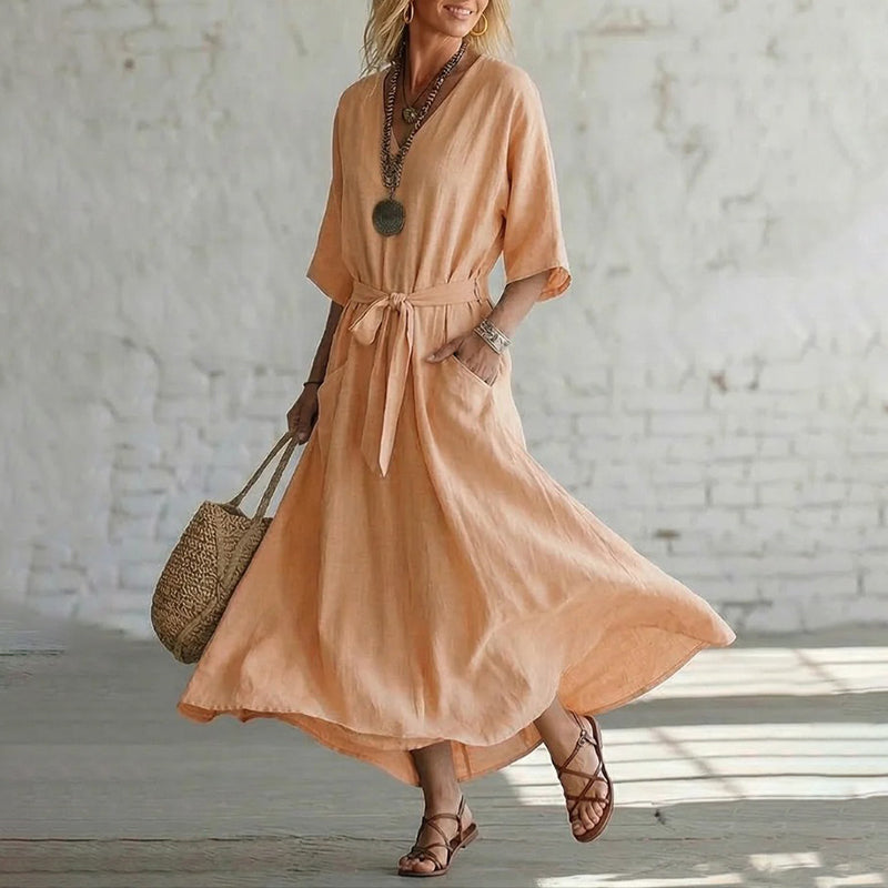 Cardydony Women's Elegant V-neck Tie Design Linen-cotton Maxi Dress