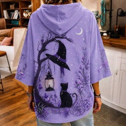 Cardydony Women's Retro Halloween Cat Witch Hat With Branch Print Loose Top