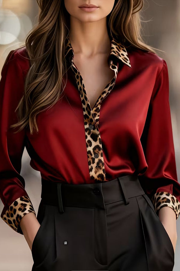 Cardydony Women's Satin Leopard Print Patchwork Casual Long-sleeved Shirt