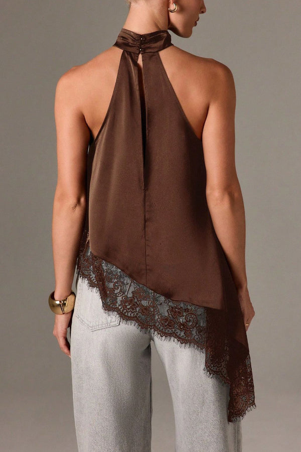 Cardydony Women's Solid Color Satin Sleeveless Lace Hem Loose Top