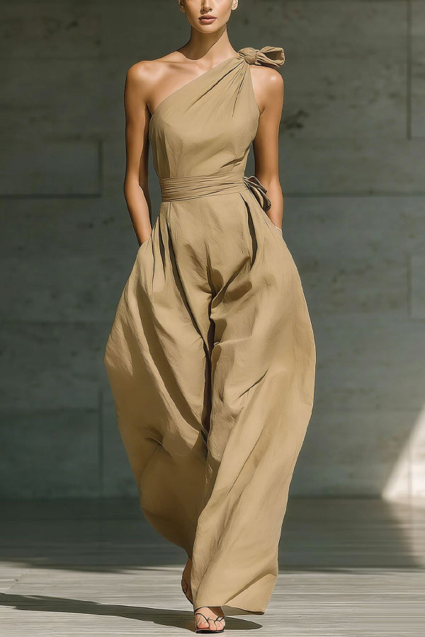 Cardydony Women's Solid Color Sleeveless One-shoulder Fitted Waist Casual Pocket Loose Wide-leg Jumpsuit