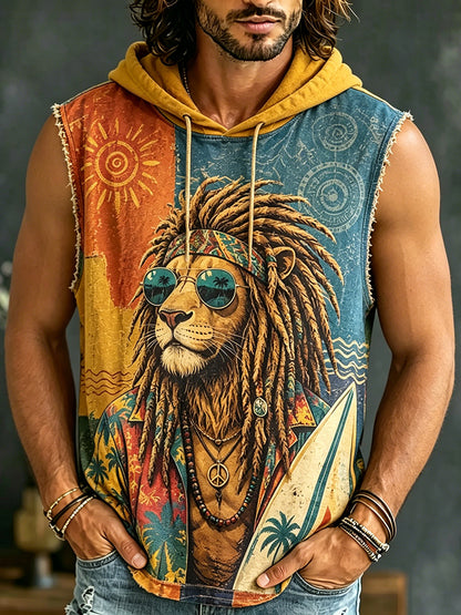 Cardydony Men's Hippie Lion Color-blocked Vacation Casual Hooded Vest