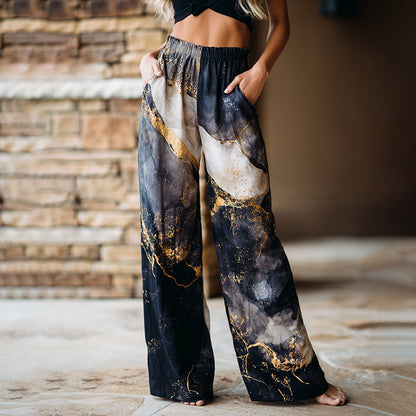Cardydony Women's Vintage Marble Pattern Art Print Flowy Linen Blend Casual Pants