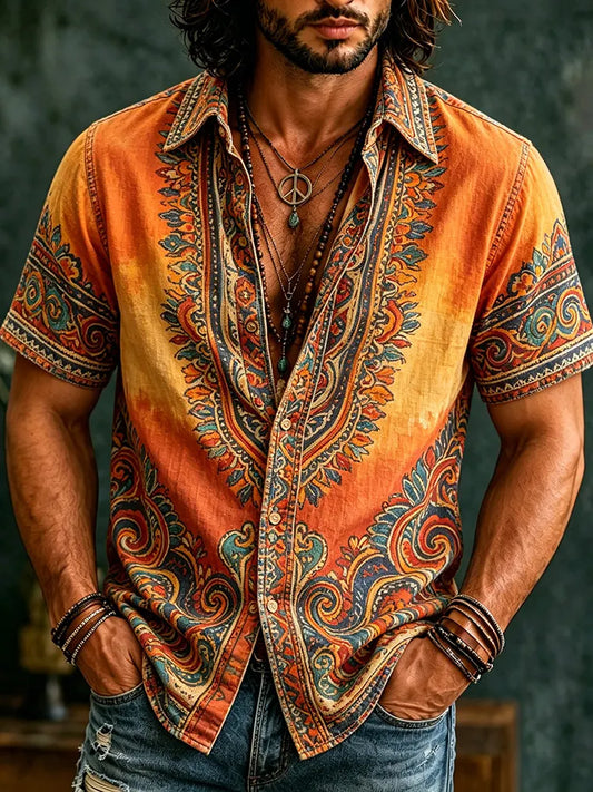 Cardydony Men's Retro Hippie Ethnic Graffiti Art Pattern Casual Washed Shirt