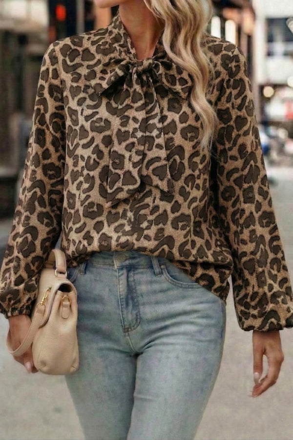Cardydony Women's  Leopard Print Bow Collar Long-sleeved Loose Shirt