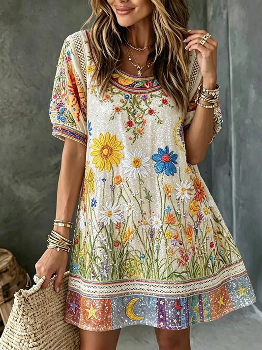 Cardydony Women's Vintage Hippie Floral And Star In Patchwork Pattern Art Embroidered Linen Blend Mini Dress