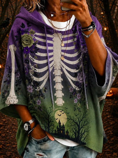Cardydony Women's Halloween Skeleton & Rose Gradient Art Print Casual Hoodie