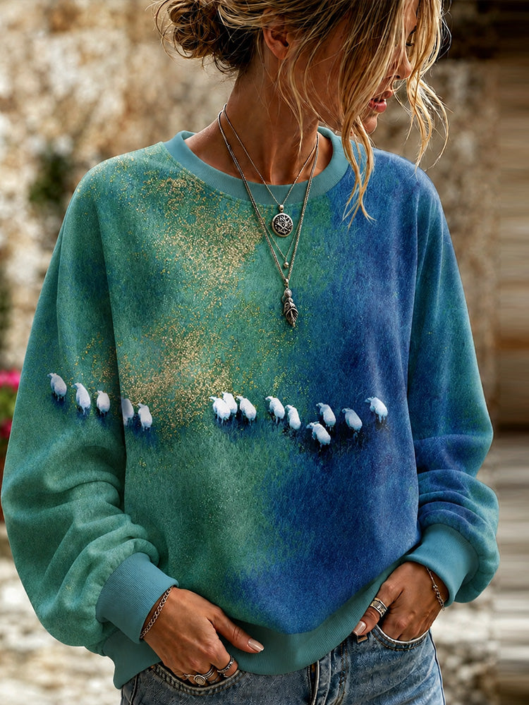 Cardydony Women's Vintage Running Sheep Art Print Crewneck Sweatshirt