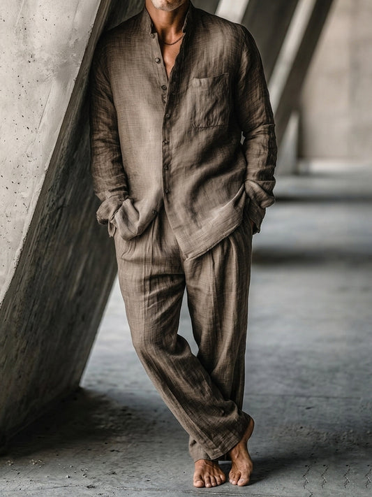Cardydony Linen Simple Stand Collar Shirt And Trousers Casual Set
