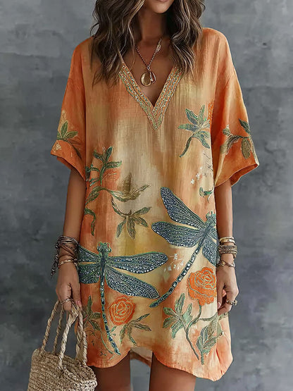 Cardydony Retro Dragonfly And Floral Pattern Linen Mini Dress