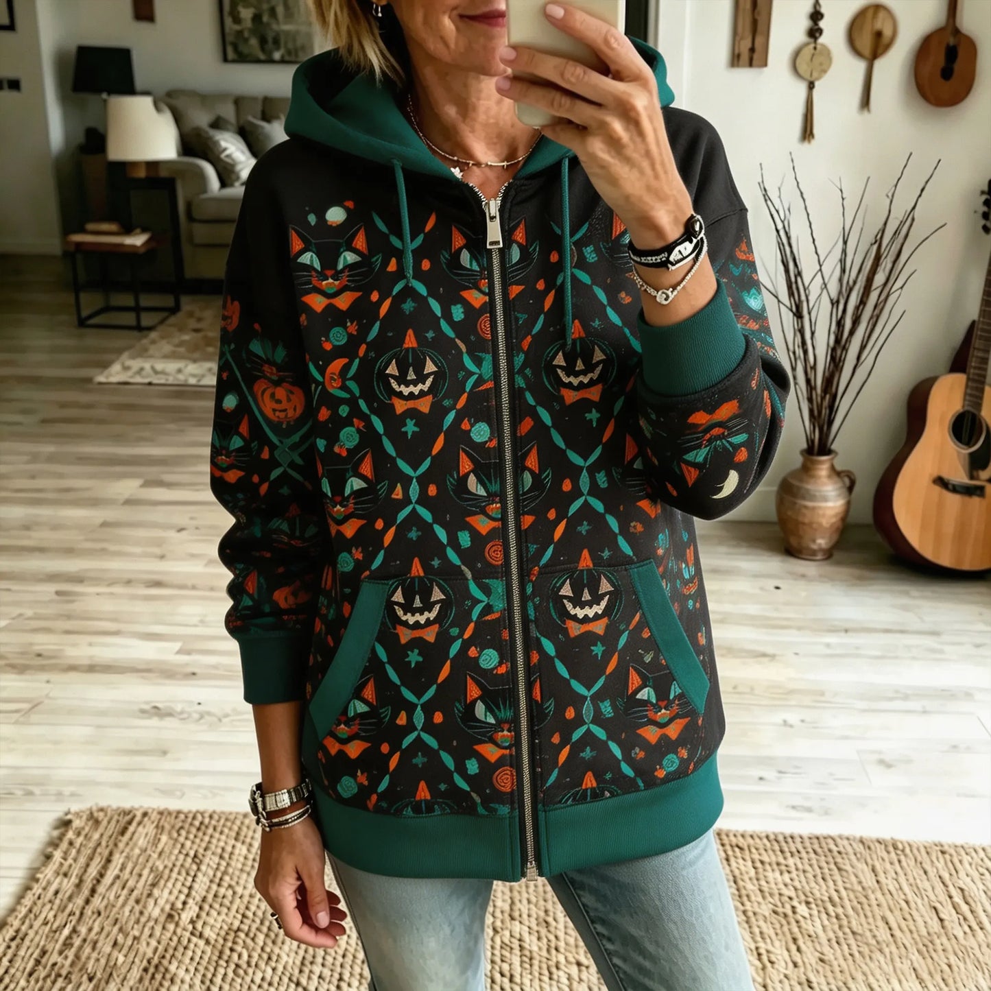 Cardydony Women's Retro Halloween Black Cat Pumpkin Print Loose Casual Zip-up Hooded Sweatshirt