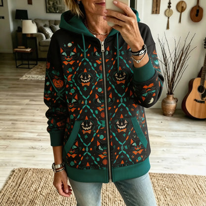 Cardydony Women's Retro Halloween Black Cat Pumpkin Print Loose Casual Zip-up Hooded Sweatshirt