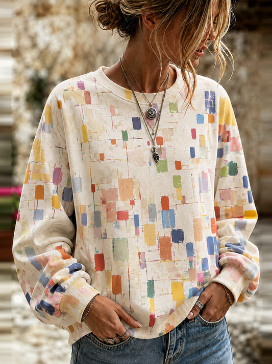 Cardydony Women's Vintage Colorful Geometric Art Print Comfortable Casual Crewneck Sweatshirt