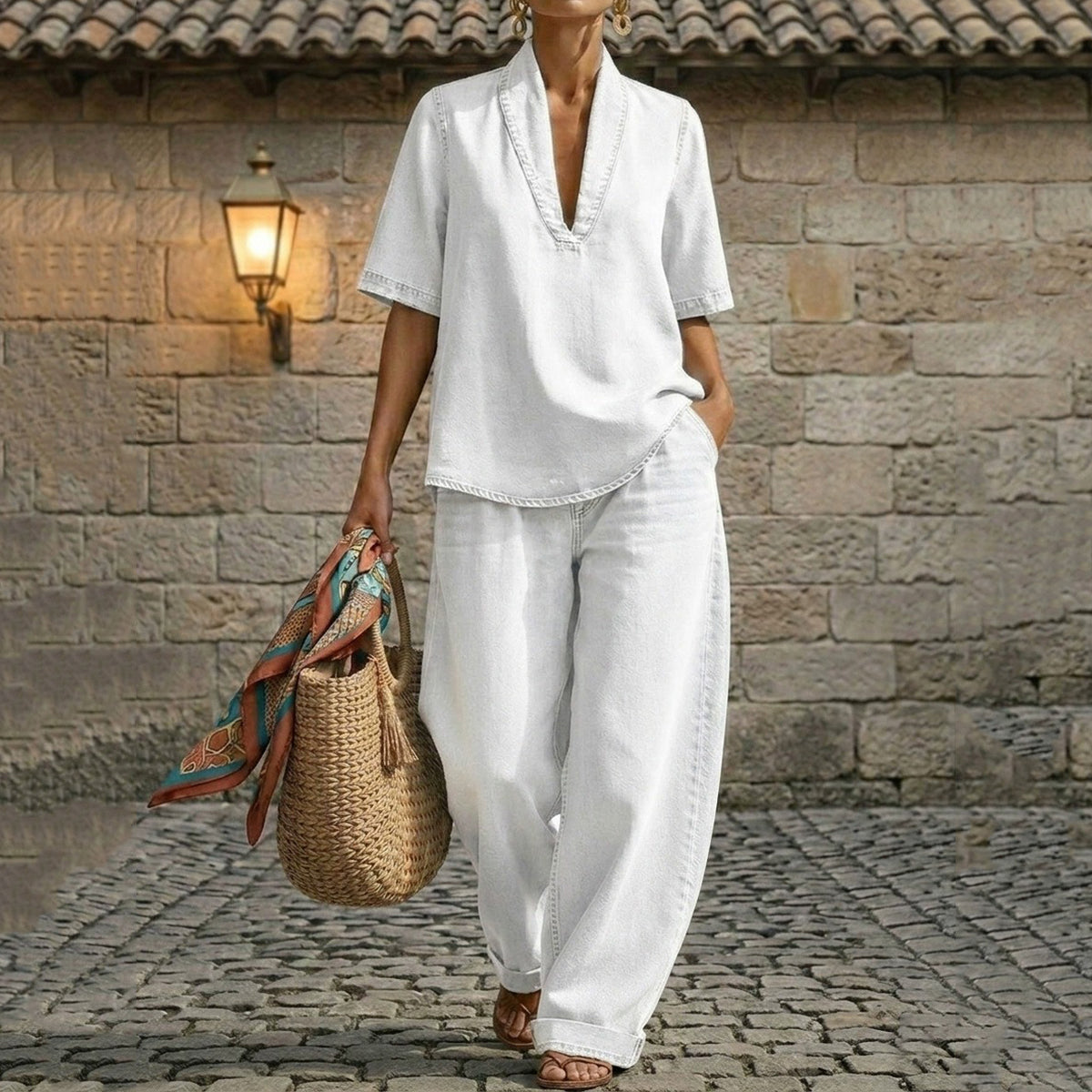 Cardydony Women's Retro Blended Cotton Washed Shirt And Pants Two-piece Set