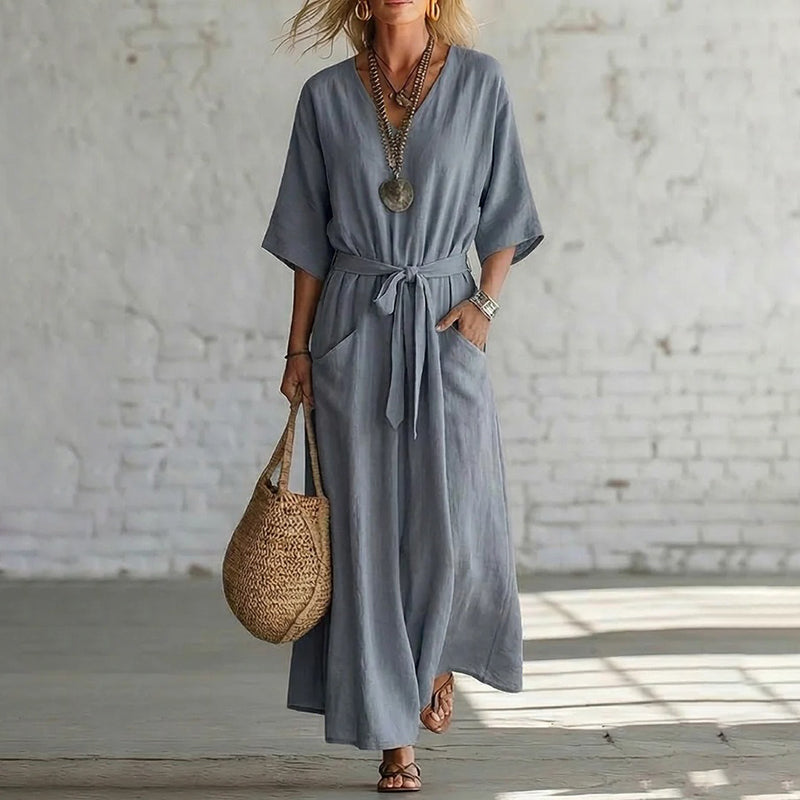Cardydony Women's Elegant V-neck Tie Design Linen-cotton Maxi Dress