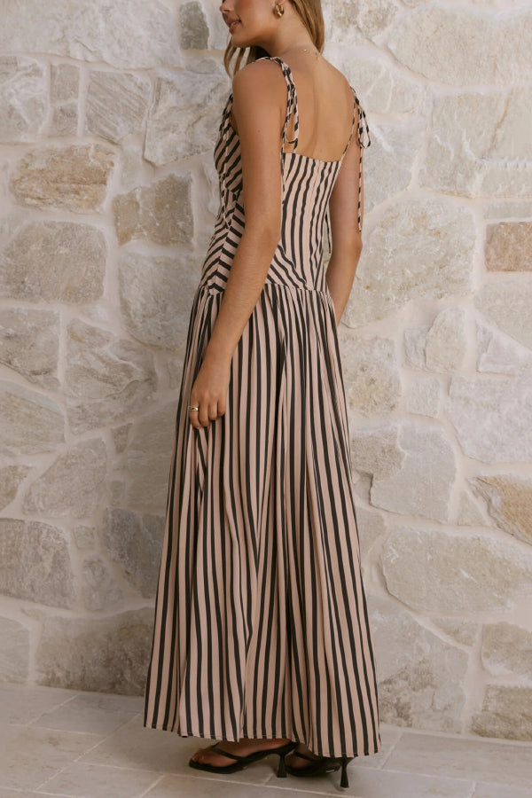 Cardydony Women's Striped Print Tie Backless Sleeveless V-Neck Elegant Maxi Dress