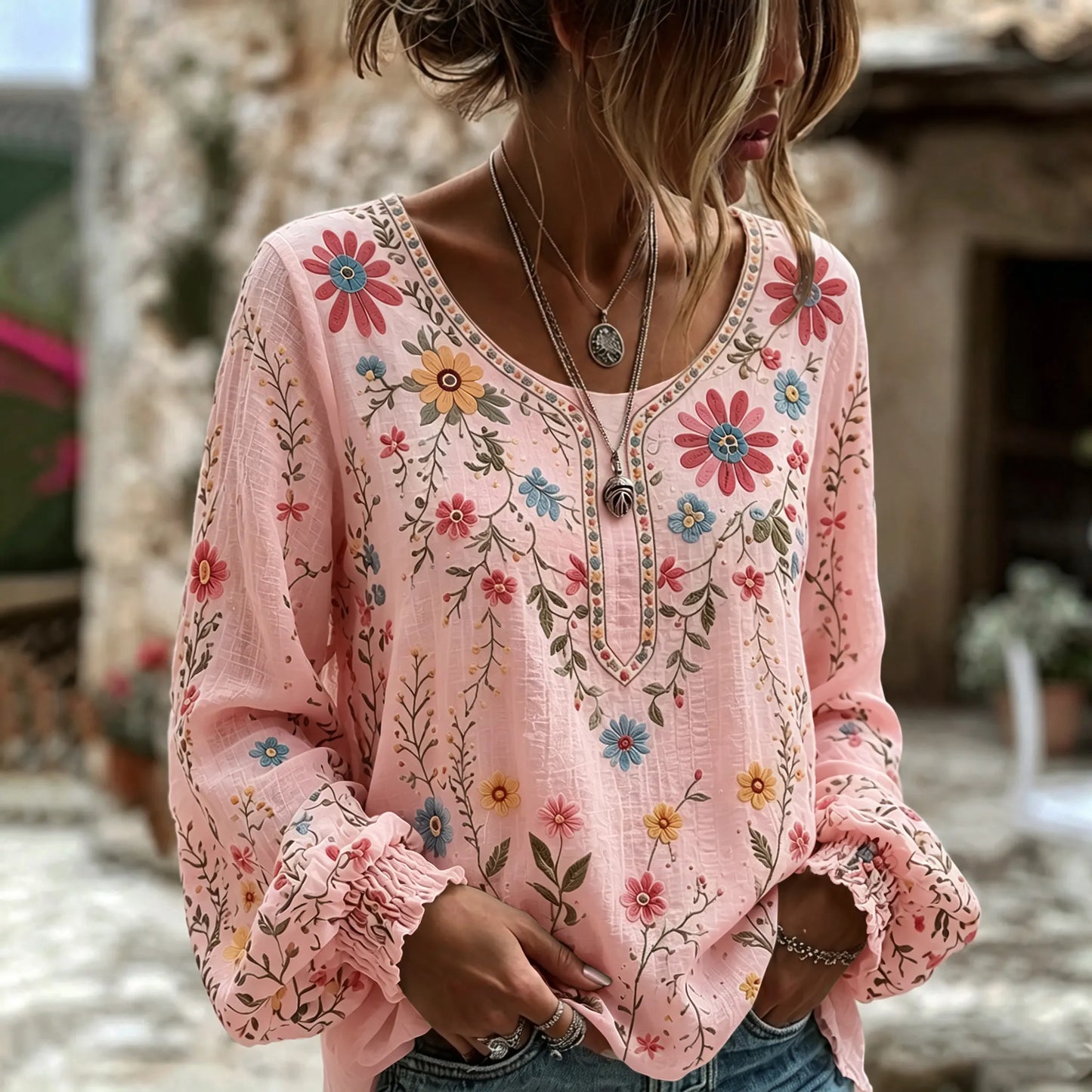 Cardydony Women's Vintage Floral Art Print Flowy Linen Blend Linen Blend Long Sleeve Casual Tops