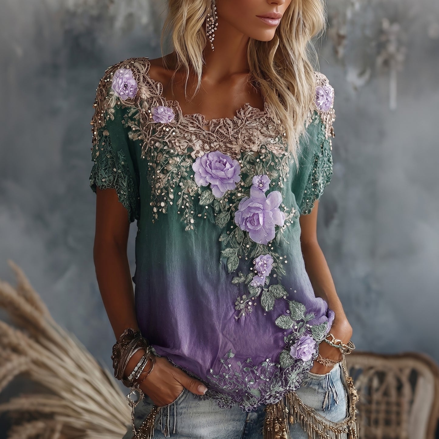 Cardydony Women's Vintage Floral Gradient Art Flowy Linen Blend Casual Tops