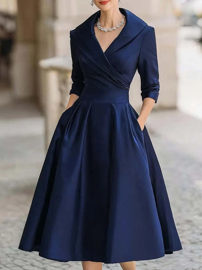 Cardydony Vintage-inspired Satin Midi Dress With Draped Collar