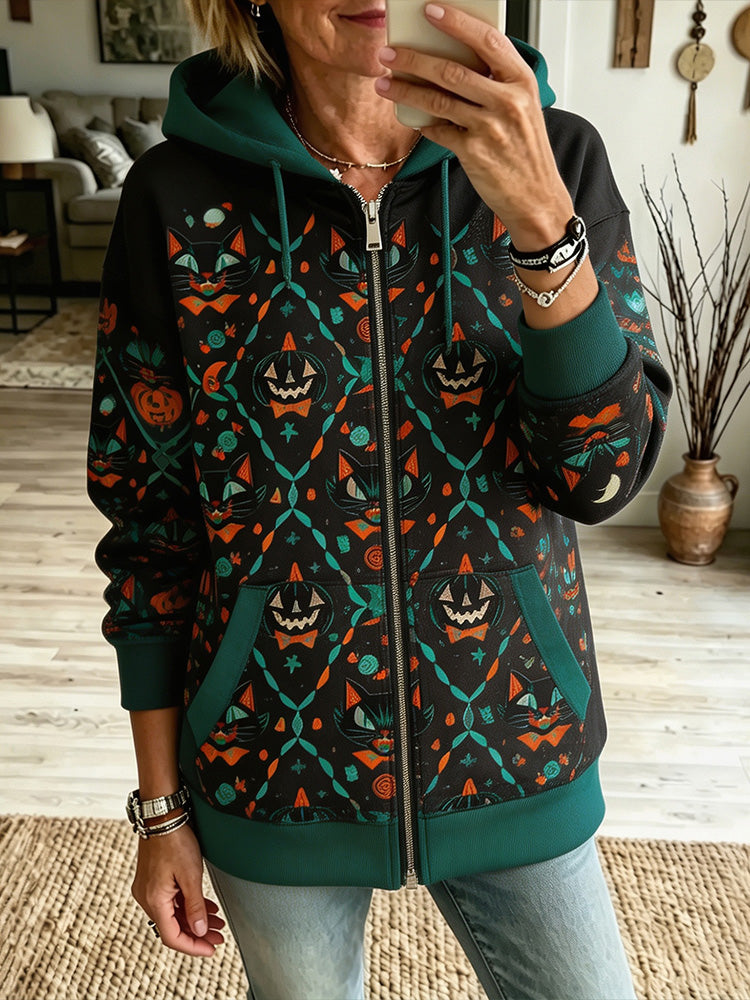 Cardydony Women's Retro Halloween Black Cat Pumpkin Print Loose Casual Zip-up Hooded Sweatshirt