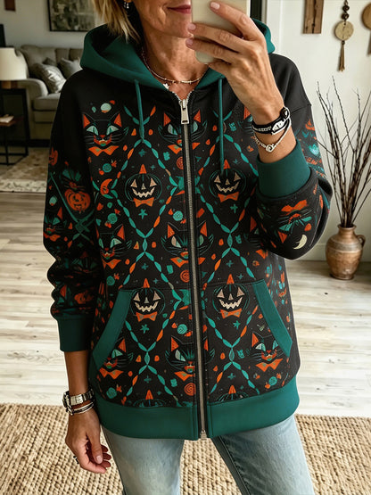 Cardydony Women's Retro Halloween Black Cat Pumpkin Print Loose Casual Zip-up Hooded Sweatshirt