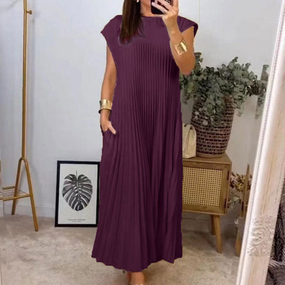 Cardydony Women's Elegant And Stylish Round-neck Pleated Maxi Dress