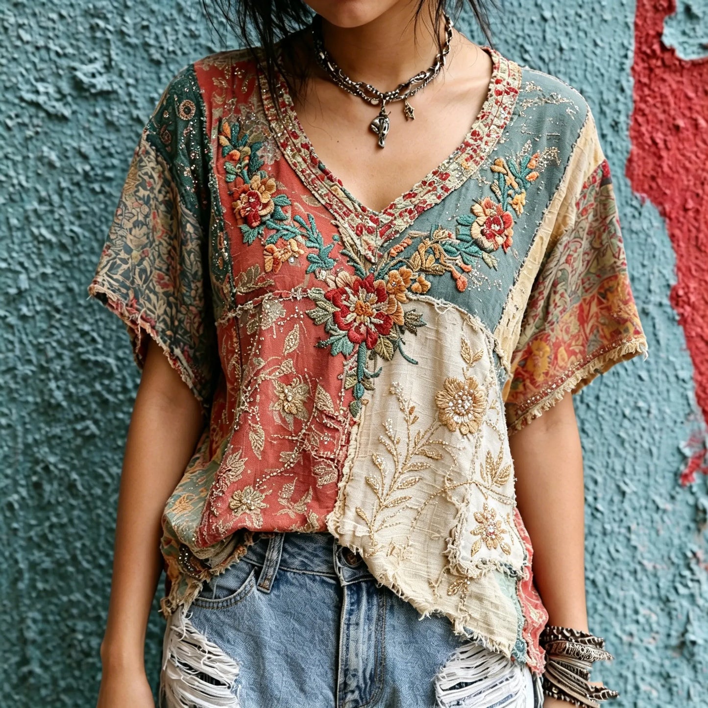 Cardydony Women's Retro Bohemian Hippie Style Floral Sequin Embroidery Print Patchwork Short-sleeve V-neck Top