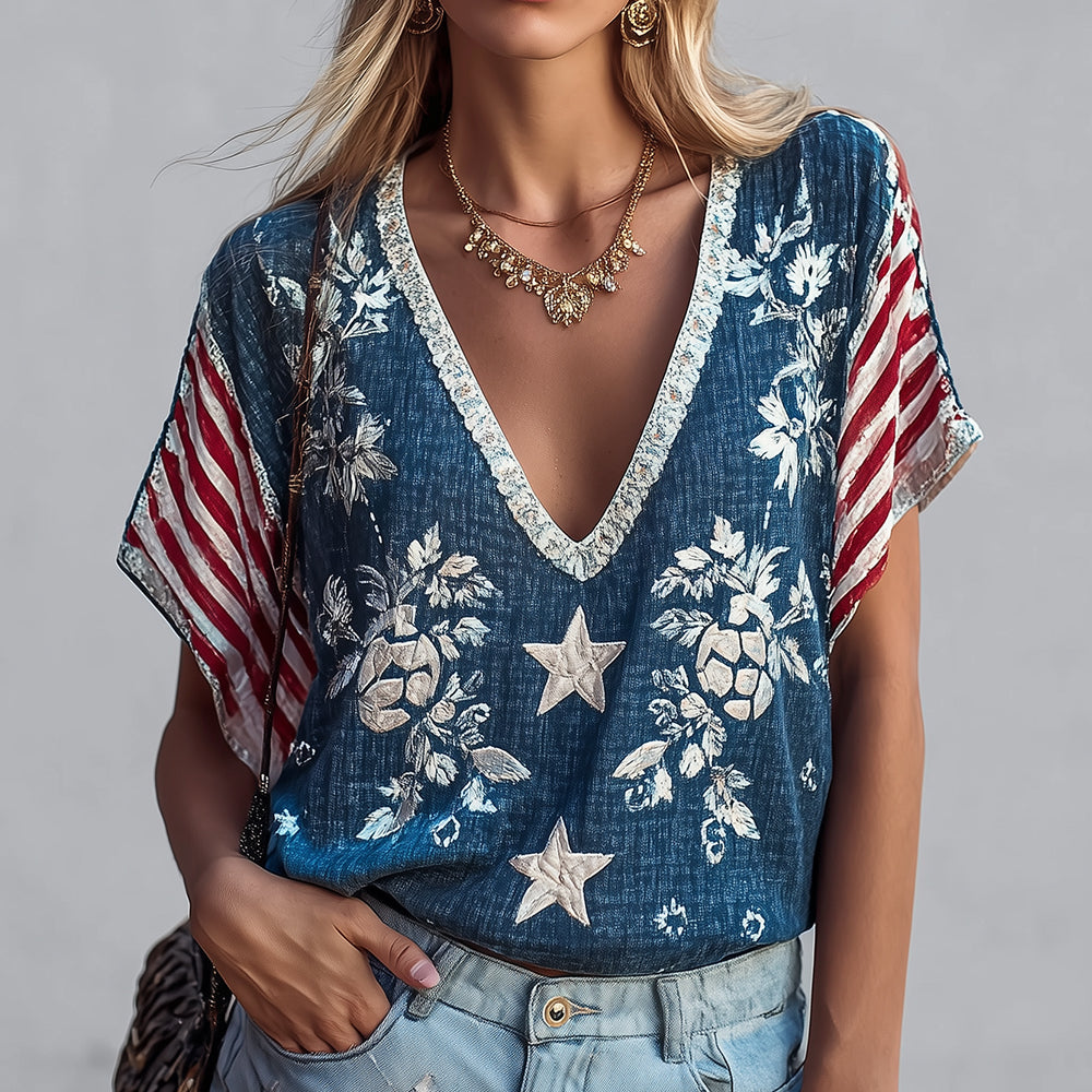 Cardydony Women's American Flag Print V-neck Blouse Floral & Star Pattern Dolman Short Sleeve Top
