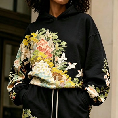 Cardydony Women's Vintage Japanese Art Print Hoodie Two Piece Set