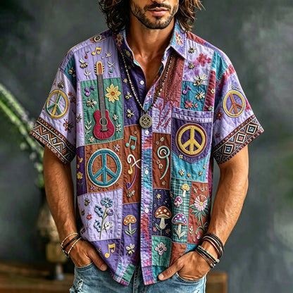 Cardydony Men's Peace Sign And Guitar Hippie Patchwork Print Casual Shirt
