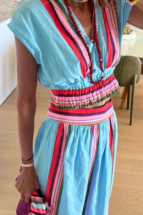 Cardydony Women's Stylish Striped Print V-neck Cropped Top and Elastic Waist Casual Maxi Skirt Set