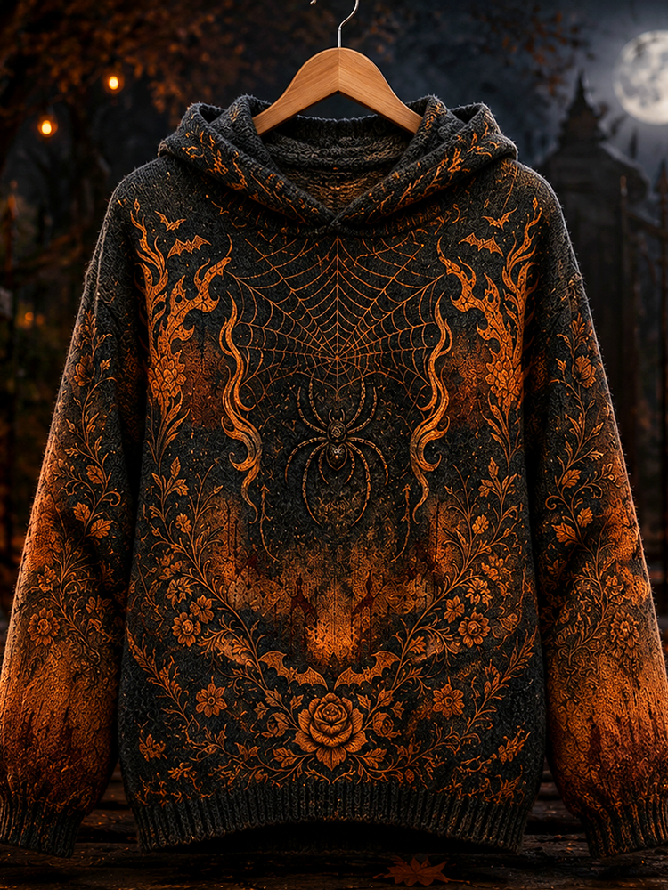 Cardydony Women's Halloween Gothic Spiderweb Floral Pattern Hooded Sweater