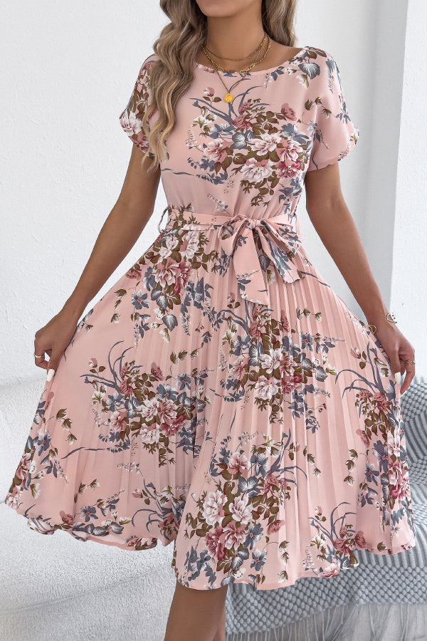 Cardydony Women's Floral Print Round Neck Fitted Waist Tie Pleated Midi Dress