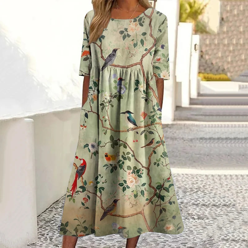 Cardydony Japanese Floral And Bird Art Print Round Neck Loose Midi Dress