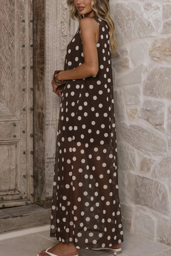 Cardydony Women's  Polka Dot Print Loose Round Neck Sleeveless Mesh Casual Maxi Dress