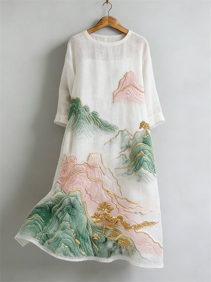 Cardydony Classy Japanese Mountains Landscape Flowy Linen Maxi Dress