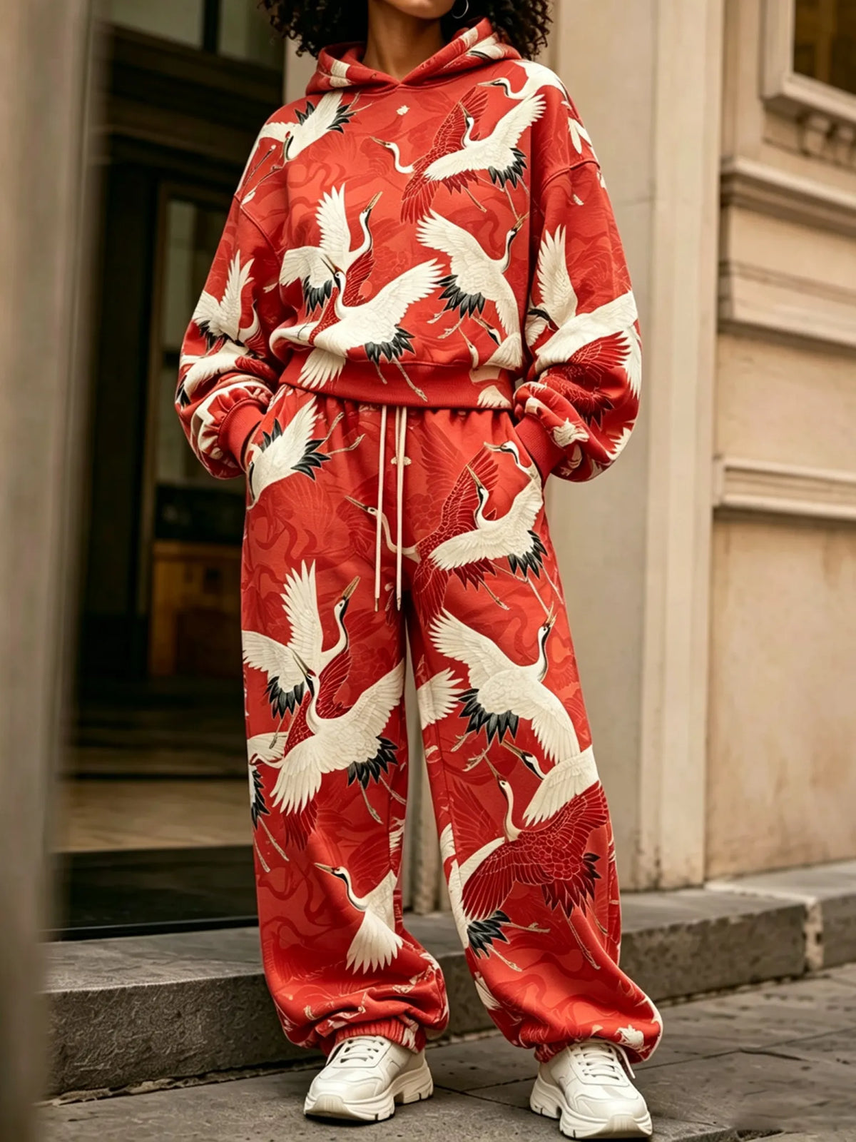 Cardydony Women's Vintage Japanese Crane Art Print Hoodie Two Piece Set
