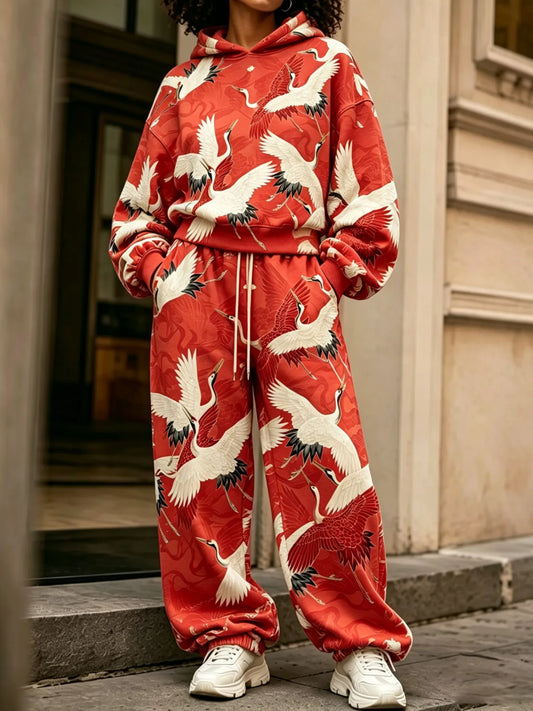 Cardydony Women's Vintage Japanese Crane Art Print Hoodie Two Piece Set