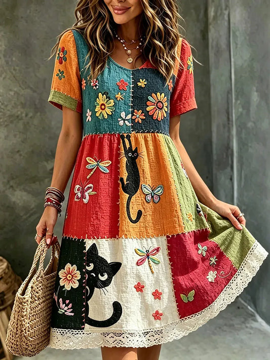 Cardydony Women's Hippie Black Cat Art Embroidered Linen Blend Round Neck Mini Dress