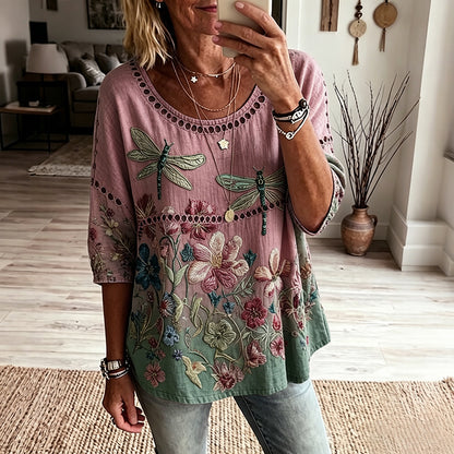 Cardydony Women's Bohemian Dragonfly And Floral Art Print Flowy Linen Blend Casual Tops